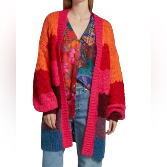 FARM Rio Rainbow Striped Open Front Cardigan Oversized Colorful Knit Sweater XL - Picture 1 of 12